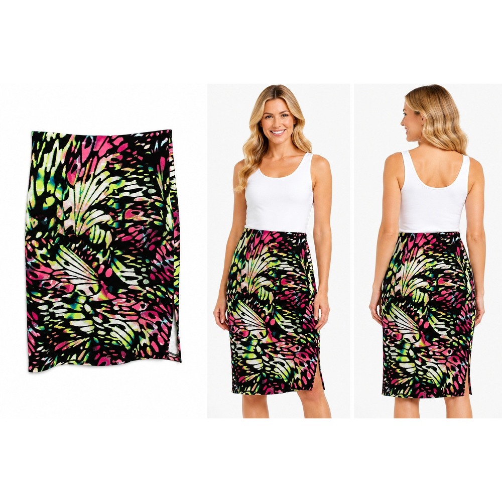 Worthington Pencil Skirt S‎ Butterfly Wing Abstract Slit Dopamine Tropical Boho